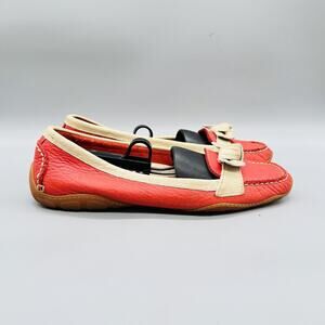 LL Bean Shoes Womens 11 Red Leather Moccasin Flats Bow Slip On Casual Vibram